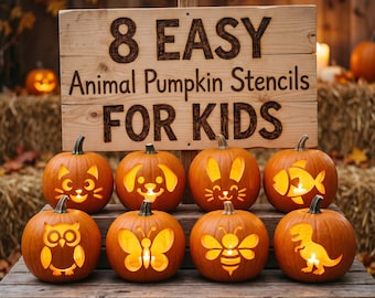 Animal Pumpkin Stencils for Kids, Easy Carving Templates, 8 Designs, Jack O Lantern Pattern (Digital Download), #JOL