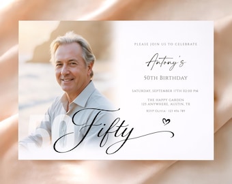 50th Birthday Invitation with Photo, Elegant Minimalist 50 th Birthday Invite, Printable Him Her, Canva Template (Digital Download)