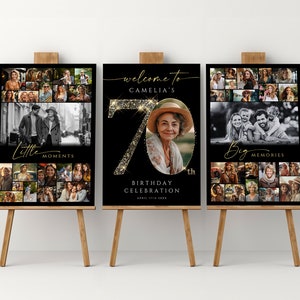 Schwarz-goldene Fotocollage-Vorlage zum 70. Geburtstag, personalisiertes Geburtstagsposter-Paket, Geburtstagstafel für Oma oder Opa, #GBB1