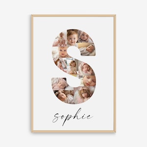 Plantilla de collage de fotos de letra S, impresión personalizada de nombre inicial para niñas y niños, impresión de guardería, nombre imprimible, decoración de guardería