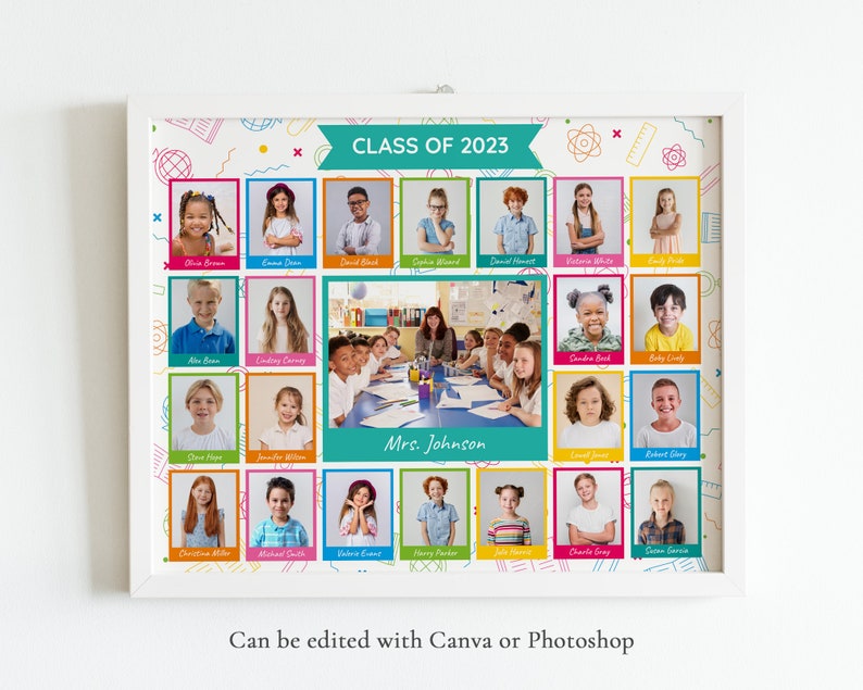 May include: A colourful classroom poster featuring a class photo of students and their teacher. The poster has a teal banner at the top that says "CLASS OF 2023". The poster is decorated with colourful lines, shapes, and doodles.