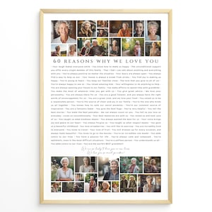 Modèle de collage photo 60 raisons pour lesquelles nous vous aimons, cadeau d'anniversaire personnalisé pour grand-mère, grand-père, maman ou papa, 60e anniversaire, toile