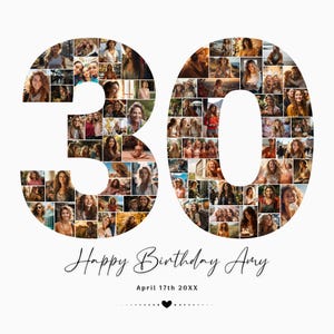 Op de afbeelding: Een fotocollage in de vorm van het getal 30, bestaande uit talloze individuele portretten en groepsfoto's. Onder de collage staat de tekst Happy Birthday Amy, April 17th 20XX, gevolgd door een klein zwart hartsymbool.
