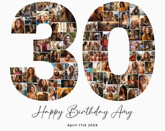 Collage de fotos para el 30 cumpleaños, regalo para el 30 cumpleaños, imprimible con el número 30, plantilla de collage de fotos para el 30 cumpleaños, editable para el 30 cumpleaños, Canva