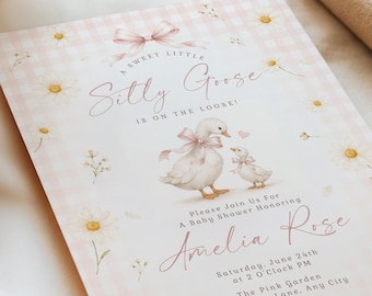 Silly Goose Baby Shower Invitation Template, Daisy Geese Baby Shower Invite, Pink Gingham, (Digital Download), #BS16