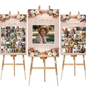 Rose Floral Funeral Welcome Sign Photo Collage Set Template, Celebration Of Life Poster In Loving Memory Poster Memory Board Memorial Poster
