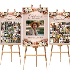 Plantilla de conjunto de collage de fotos de signo de bienvenida de funeral floral de rosa, cartel de celebración de la vida en el cartel de la memoria amorosa Cartel conmemorativo del tablero de memoria