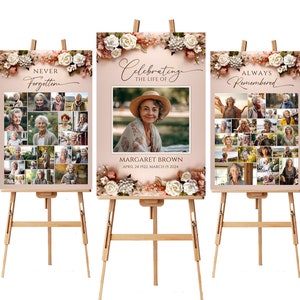 Rose Floral Funeral Welcome Sign Photo Collage Set Template, Celebration Of Life Poster In Loving Memory Poster Memory Board Memorial Poster