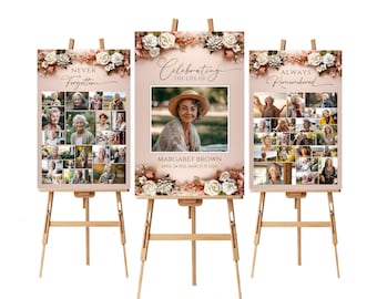 Rose Floral Funeral Welcome Sign Photo Collage Set Template, Celebration Of Life Poster In Loving Memory Poster Memory Board Memorial Poster