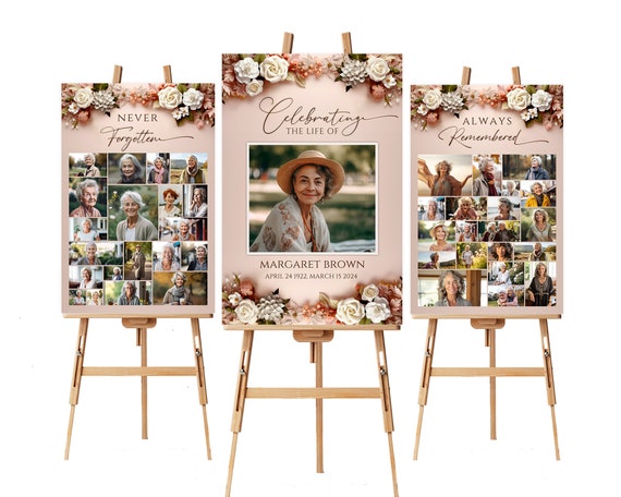 Rose Floral Funeral Welcome Sign Photo Collage Set Template, Celebration Of Life Poster In Loving Memory Poster Memory Board Memorial Poster