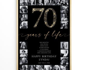 Zwart 70e verjaardag fotocadeau voor haar of hem, 70e verjaardag poster, 70 jaar leven fotocollagesjabloon voor oma of opa