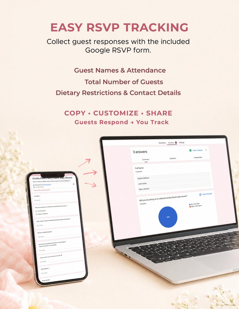 May include: A smartphone and a laptop displaying a digital RSVP form. Text reads: EASY RSVP TRACKING, Collect guest responses with the included Google RSVP form, Guest Names & Attendance, Total Number of Guests, Dietary Restrictions & Contact Details, COPY, CUSTOMIZE, SHARE, Guests Respond, You Track.