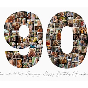 Plantilla de collage de fotos para el 90.° cumpleaños, regalo personalizado para abuela, abuelo o esposo. Collage de números para regalo de cumpleaños para ella o él