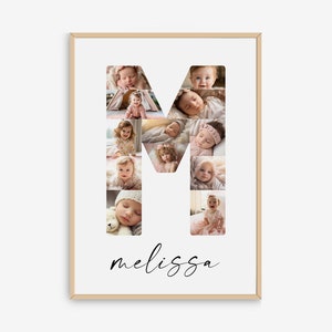 Plantilla de collage de fotos de letra M, impresión personalizada de nombre inicial para niñas y niños, impresión de guardería, nombre imprimible, decoración de guardería