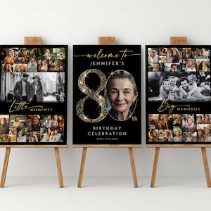 Modello di collage fotografico nero e oro per l'80° compleanno, pacchetto di poster di compleanno personalizzato, tabellone di compleanno per mamma, nonna o nonno, #GBB1