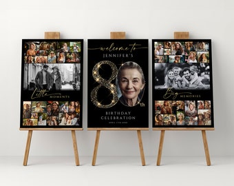 Black and Gold 80th Birthday Photo Collage Template, Personalized Birthday Poster Bundle, Birthday Board for Mom, Grandma or Grandpa, #GBB1