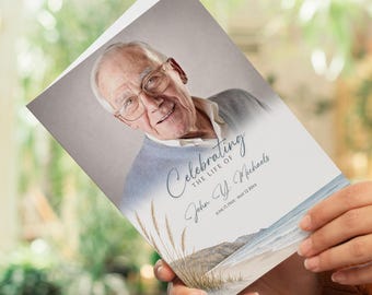 Coastal Funeral Program Template for Women, Celebration of Life Program, Memorial Service Template, Obituary Template, Editable Canva, #FB02