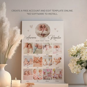 Peut inclure: Une affiche blanche avec un collage de photos de b&eacute;b&eacute;s jumeaux. L'affiche a un motif de c&oelig;ur rose et le texte "Aurora Rosalie" et "Notre premi&egrave;re ann&eacute;e".