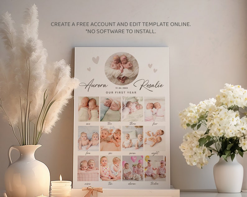 Peut inclure: Une affiche blanche avec un collage de photos de b&eacute;b&eacute;s jumeaux. L'affiche a un motif de c&oelig;ur rose et le texte "Aurora Rosalie" et "Notre premi&egrave;re ann&eacute;e".
