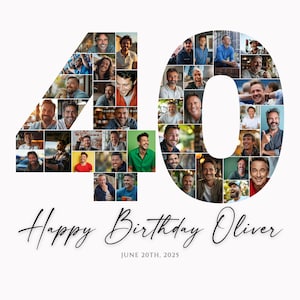 40th Birthday Photo Collage Template, Personalized 40th Birthday Gift for Her, for Him, Number 40 Collage, Family Gift, Birthday Gift, Canva