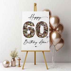 May include: A white poster with a photo collage of a 60th birthday. The number 60 is made up of photos and the text "Happy 60th Birthday Aden!" is written in black cursive. The poster is on an easel with gold balloons in the background.