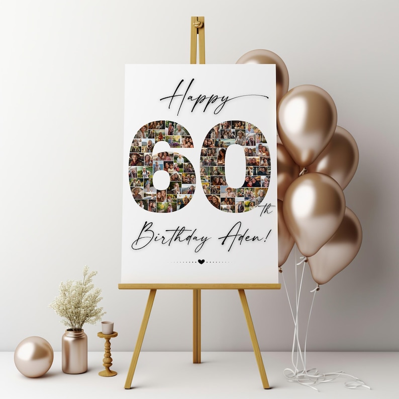 May include: A white poster with a photo collage of a 60th birthday. The number 60 is made up of photos and the text "Happy 60th Birthday Aden!" is written in black cursive. The poster is on an easel with gold balloons in the background.