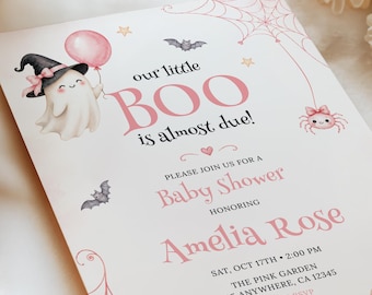 Little Boo Baby Shower Invitation, Pink Halloween Ghost Girl Baby Shower Invite, Editable Canva Template, Digital Download, #BS25