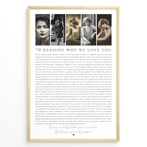 May include: A black and white printable poster with a collage of four photos of a woman. The poster features a list of 70 reasons why someone loves their grandmother. The text includes phrases like "You make us happy", "You're always there for us", and "We love you so much grandma!"