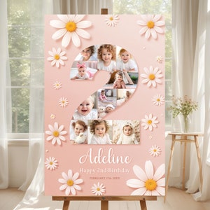 K&ouml;nnte beinhalten: Rosa-wei&szlig;er Geburtstagsplakat mit einer Nummer 2 aus Fotos. Das Plakat tr&auml;gt den Namen "Adeline" und den Text "Happy 2nd Birthday" mit dem Datum "February 17th 20XX".