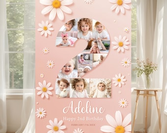Daisy 2nd Birthday Welcome Sign Template, Second Birthday Number Photo Collage, Printable 2nd Birthday Milestone Poster for Baby Girl