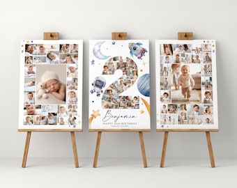 Space 2nd Birthday Welcome SignTemplate Set, Customizable and Printable Party Decoration, Photo Collage, Celebration Board Baby boy, Canva