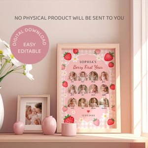 Pink gingham berry first birthday photo collage poster for baby girl