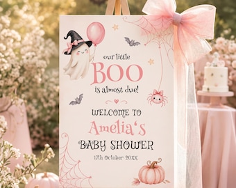 Little Boo Baby Shower Welcome Sign, Halloween Girl Shower Decor, Editable Canva Pink Ghost Printable Poster, Digital Download, #BS25