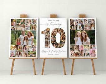 10th Birthday Welcome Sign Template Set, Customizable and Printable Tenth Birthday Photo Collage Bundle, Celebration Board for Boy or Girl