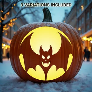 May include: An orange pumpkin with a carved bat silhouette against a bright yellow circular background. The text 3 VARIATIONS INCLUDED is visible at the top. The pumpkin features a green stem and is positioned on a snowy surface.