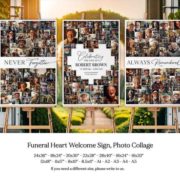 Beerdigung Herz Foto Collage Vorlage Set Feier des Lebens Poster Beerdigung Willkommensschild Beerdigung Fototafel Funeral Favors Denim Poster