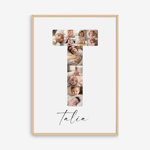 Plantilla de collage de fotos con la letra T, impresión personalizada con el nombre inicial para niñas y niños, impresión para guardería, nombre imprimible, decoración para guardería