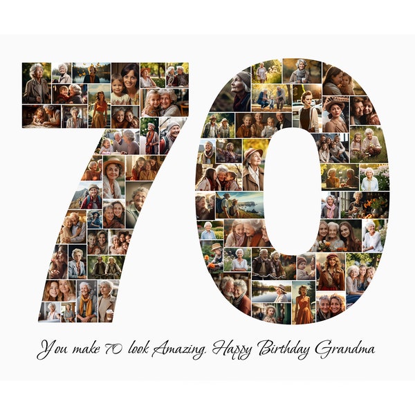 Plantilla de collage de fotos de 70 cumpleaños, regalo personalizado de 70 cumpleaños para abuela abuelo, collage de números, regalo de mamá, regalo de cumpleaños, Canva