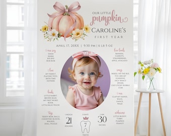 Pumpkin 1st Birthday Milestone Poster, Girl First Year Sign, Editable Canva, Digital Download, #BS02