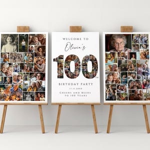 100th Birthday Photo Collage Poster Template Bundle, Personalized 100th Birthday Gift , 100th Birthday Welcome Board Set for Her or for Him