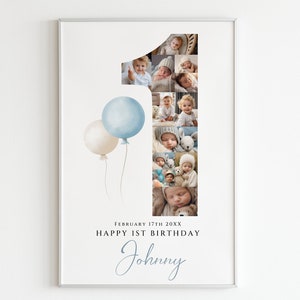 Plantilla de collage de fotos de primer cumpleaños de globos, cartel de cumpleaños imprimible para niño, cartel de foto de 1er cumpleaños, signo de hito, #FBC01