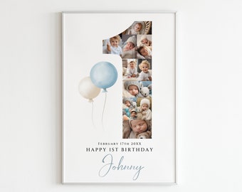 Plantilla de collage de fotos de primer cumpleaños de globos, cartel de cumpleaños imprimible para niño, cartel de foto de 1er cumpleaños, signo de hito, #FBC01