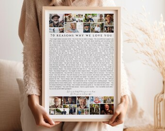 70 Gründe, warum wir dich lieben, Fotocollage-Vorlage, personalisiertes Geburtstagsgeschenk für Oma, Opa, Mama oder Papa, 70. Jahrestag, Canva