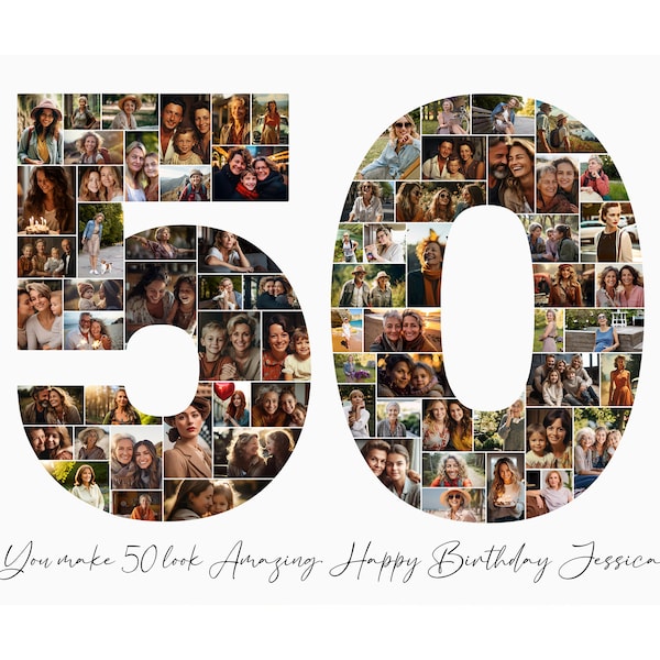 Modello di collage fotografico per il 50° compleanno, regalo personalizzato per il 50° compleanno per donne, lui, mamma, collage di numeri, regalo di famiglia, regalo di compleanno, Canva