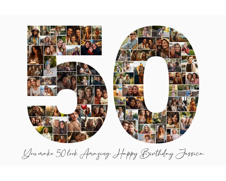 50th Birthday Photo Collage Template, Personalized 50th Birthday Gift for Women, Him, Mom, Number Collage, Family Gift, Birthday Gift, Canva image 1