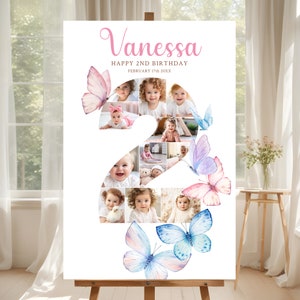 Signo de bienvenida del segundo cumpleaños de la mariposa, collage de fotos del número del segundo cumpleaños, póster, tablero de hitos del segundo cumpleaños del bebé editable para niña