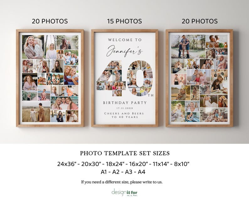 40th Birthday Photo Collage Template Set, Editable and Printable ...
