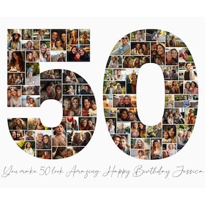 Plantilla de collage de fotos de 50 cumpleaños, regalo personalizado de 50 cumpleaños para mujeres, él, mamá, collage de números, regalo familiar, regalo de cumpleaños, Canva