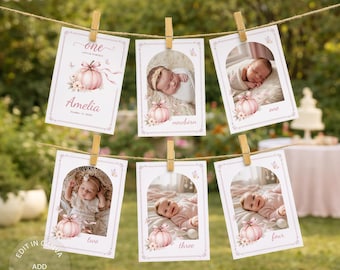 Little Pumpkin First Year Photo Banner, Fall 1st Birthday Monthly Photo Garland, Editable Canva Template, Digital Download, #PB02
