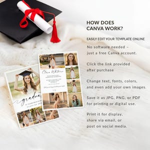 May include: A graduation announcement template with a photo collage, a black graduation cap, and a rolled diploma tied with a red ribbon. The text reads "How does Canva work?" and provides instructions for editing the template.
